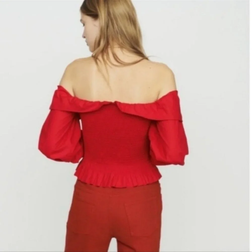 MAJE Lenda Off-The-Shoulder Smocked Cotton Top Women's Size S - Picture 15 of 16